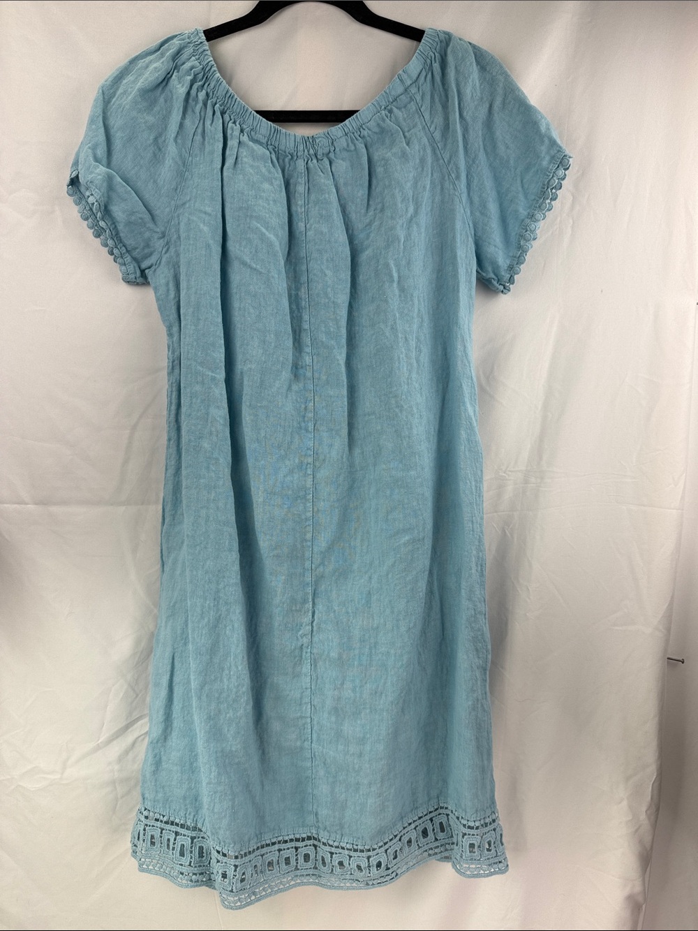 Luisa Perla Women’s Size L Light Blue Lace Trim Linen and Cotton Peasant Dress - Picture 7 of 7